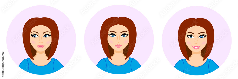 Avatar of a young girl. Woman looking sideways, smiling. Look away. Round icon. Cute face. Short haircut. Caucasian woman. Blue t-shirt. Portrait of a teen Avatar of a young girl. Woman looking sideways, smiling. Look away. Round icon. Cute face. Short haircut. Caucasian woman. Blue t-shirt. Portrait of a teen