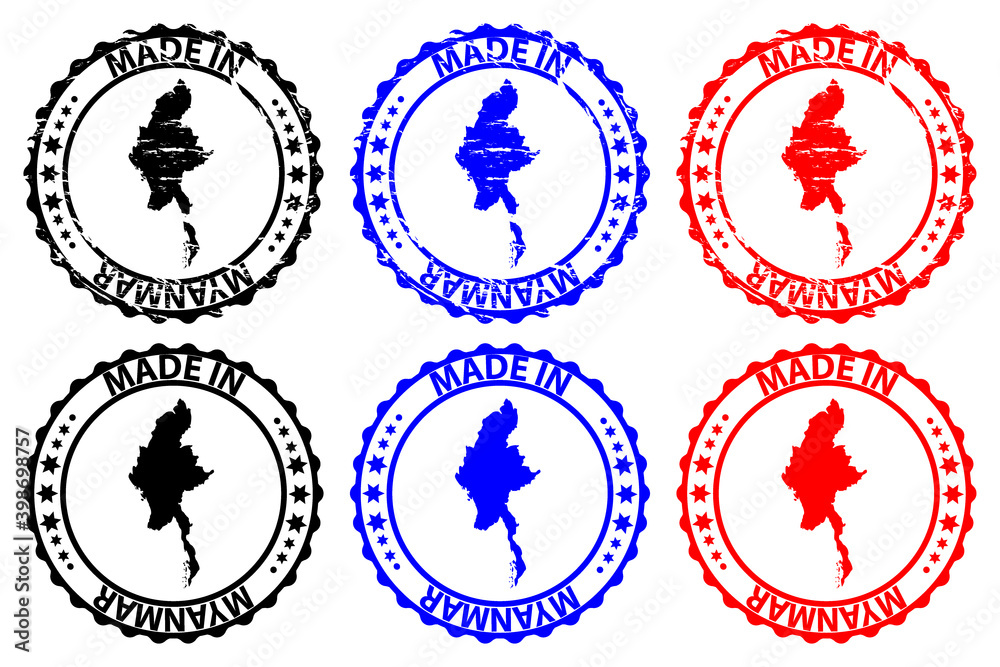 Made in Myanmar - rubber stamp - vector, Republic of the Union of Myanmar (Burma) map pattern - black, blue and red Made in Myanmar - rubber stamp - vector, Republic of the Union of Myanmar (Burma) map pattern - black, blue and red