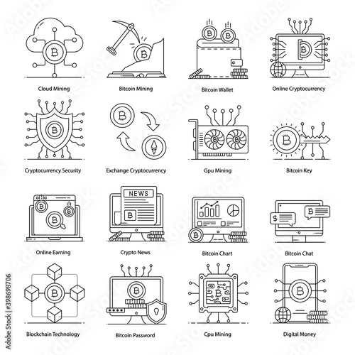 Cryptocurrency and Blockchain Filled Outline Vectors
