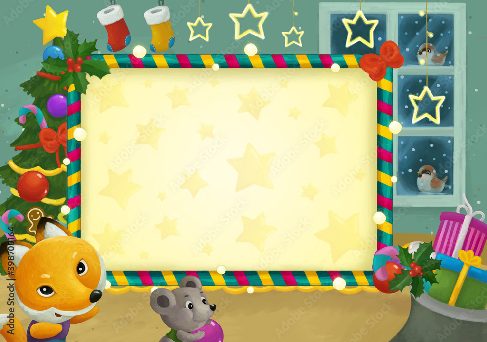 Fototapeta premium cartoon scene with christmas room and frame illustration