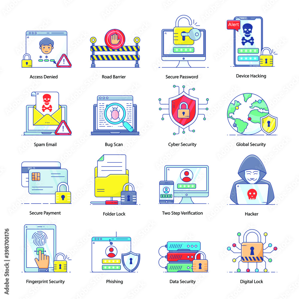 
Set of Security and Protection Flat Outline Icons 
