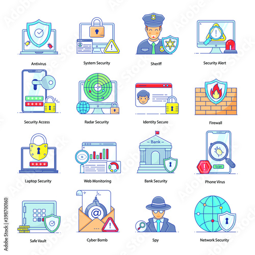  Set of Cybersecurity Flat Outline Icons 