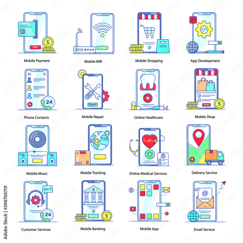 Pack of Mobile Applications and Services Flat Outline Icons
Pack of Mobile Applications and Services Flat Outline Icons