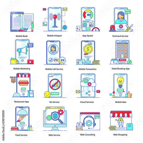
Pack of Online Shopping and Web Consulting Flat Outline Icons  
