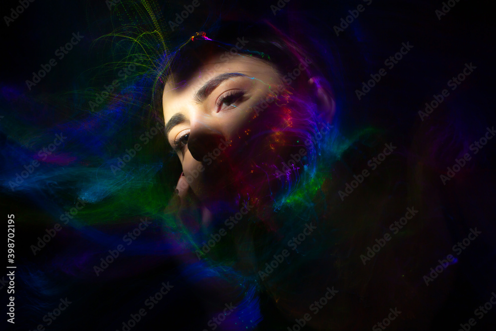 lightpainting portrait, new art direction, long exposure photo without photoshop, light drawing at long exposure