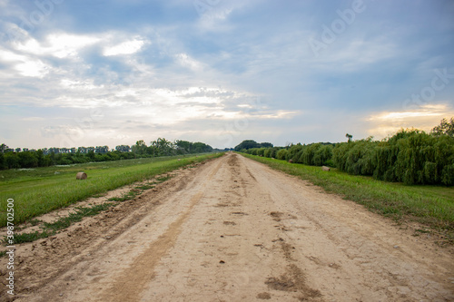 Straight dirt road on a green field  with clouds on the blue sky