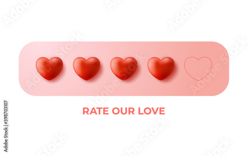 Giving Five Heart Rating concept. Review, Feedback or Satisfaction Status concept. Valentine day, rate our love. Vector illustration 3d style.