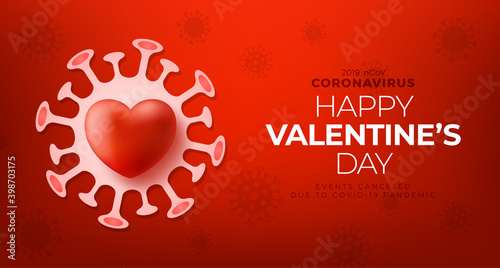 Red valentine love heart and Quarantine biohazard danger. Coronavirus Covid and valentine day canceled concept. Vector illustration
