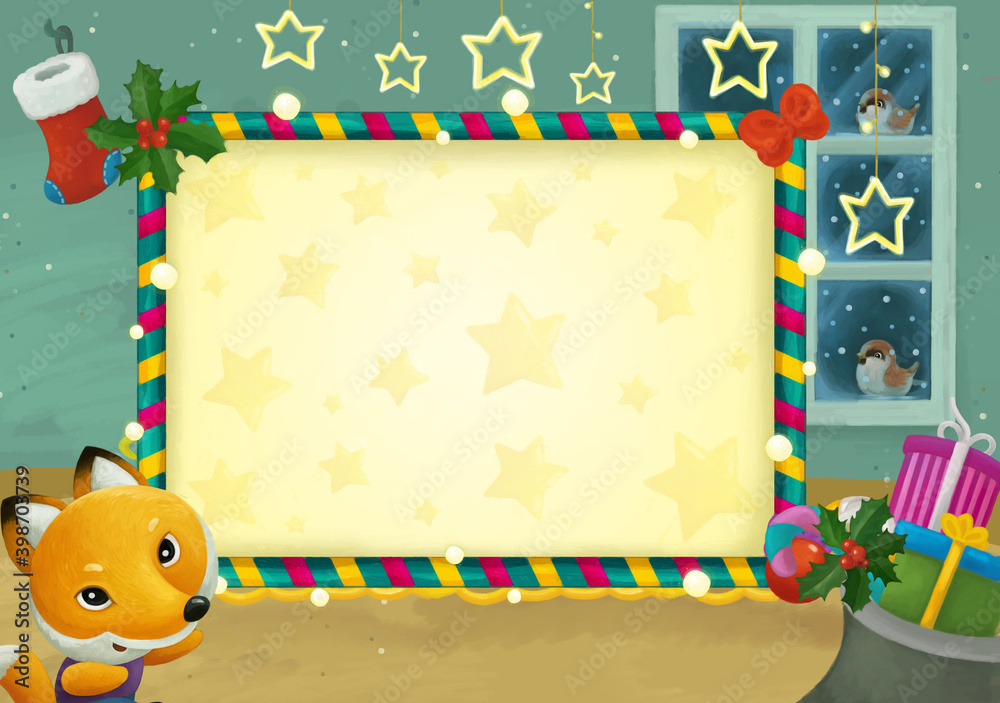 Fototapeta premium cartoon scene with christmas room and frame illustration