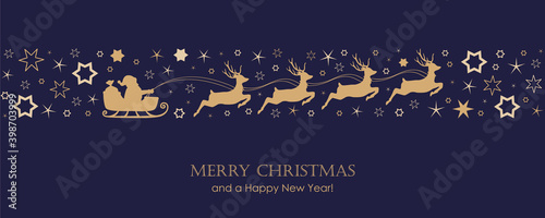 christmas card with santa sled and deer on star border vector illustration EPS10