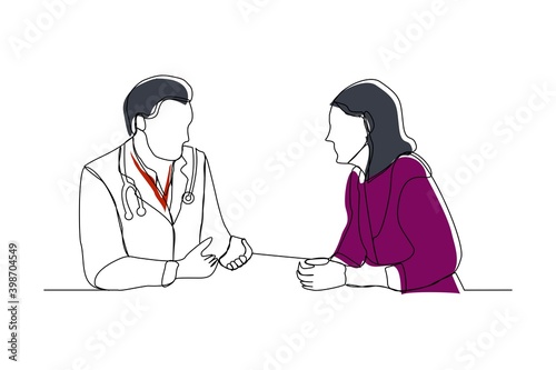 Continuous line drawing of doctor talk and consulting patient. Vector illustration