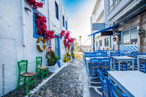Beautiful street view in Kos Island. Kos Island is a popular tourist destination in Greece. © nejdetduzen