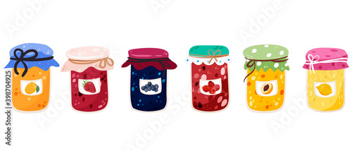 Jam, jelly witch fruits set isolated on white vector illustration. Sweet goods collection design elements. Homemade candy making, marmalade, confiture preserve in cartoon style.