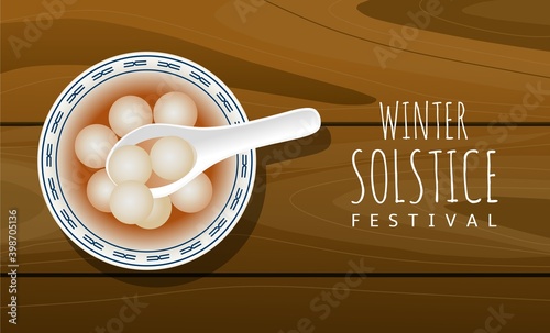 Winter solstice festival- Realistic TangYuan (sweet dumplings) on a wooden table, as a banner or poster, vector illustration. photo