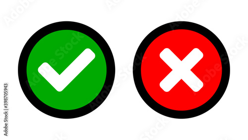 Set of Yes and No or Right and Wrong or Approved and Rejected Icons with Check Mark and Cross Symbols in Green and Red Circles. Vector Image.