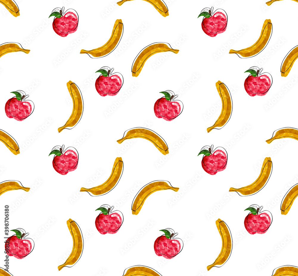 Seamless pattern with Illustration of bananas and apple on white background. Tropical abstract background. Seamless pattern with Illustration of bananas and apple on white background. Tropical abstract background.