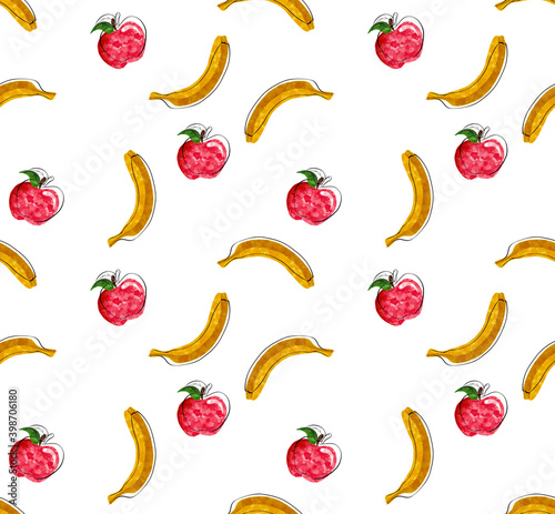 Seamless pattern with Illustration of bananas and apple on white background. Tropical abstract background.