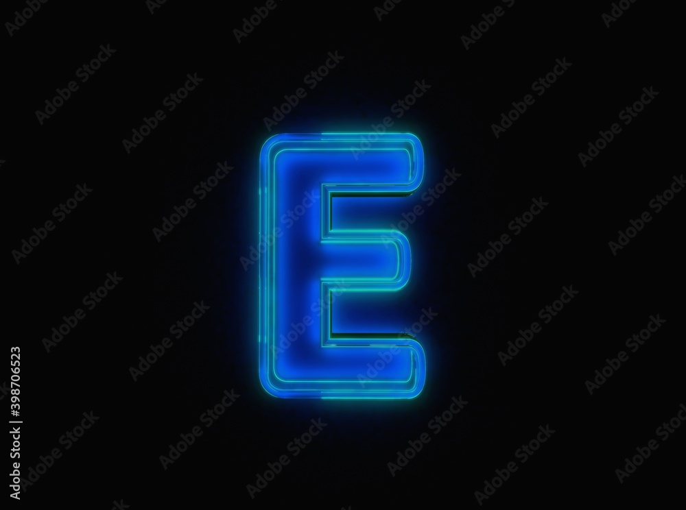 Blue - green neon light glow reflective crystal alphabet - letter E isolated on black dark, 3D illustration of symbols Blue - green neon light glow reflective crystal alphabet - letter E isolated on black dark, 3D illustration of symbols