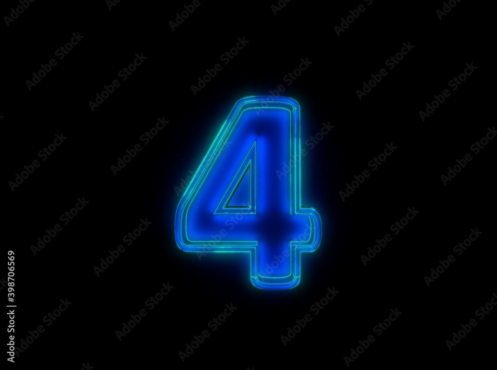Blue - green neon light glow reflective crystal alphabet - number 4 isolated on black dark, 3D illustration of symbols Blue - green neon light glow reflective crystal alphabet - number 4 isolated on black dark, 3D illustration of symbols