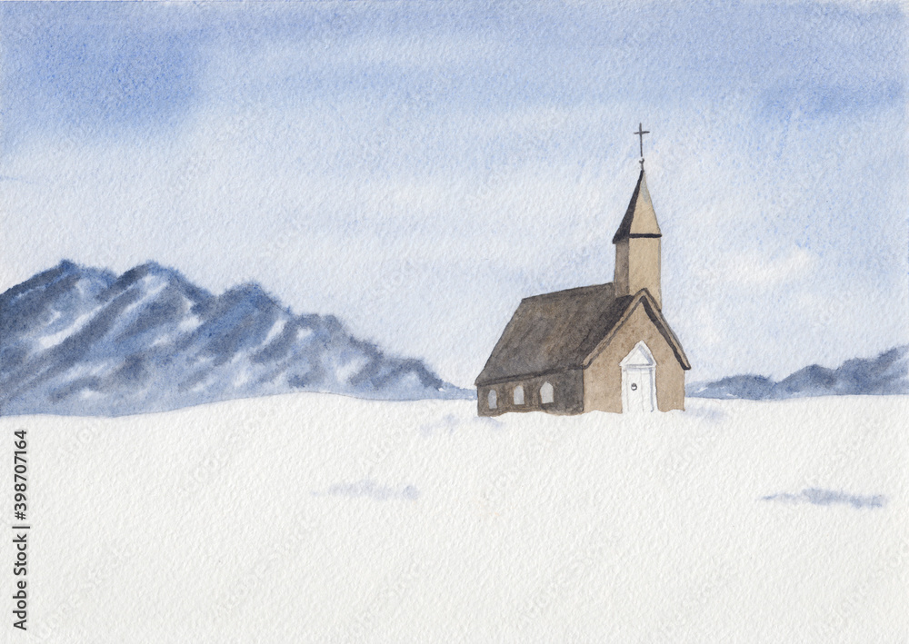 Watercolor painting with wooden Catholic church and blue mountains. Hand drawn peaceful winter landscape. Alpine serene view for interior decoration, card, travel poster. Calm tranquil snowy scenery.