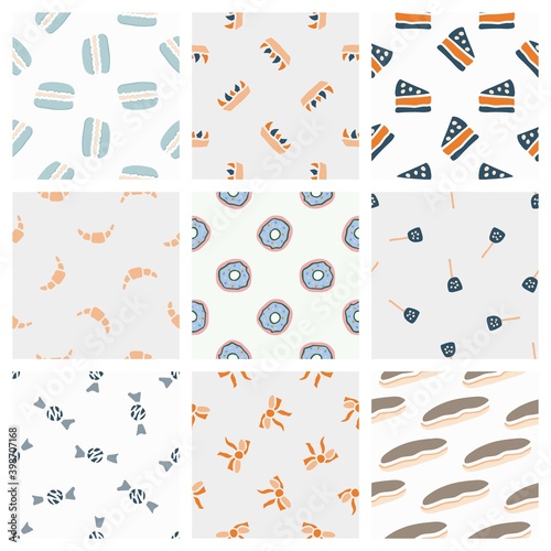 Fototapeta Naklejka Na Ścianę i Meble -  Hand drawn seamless pattern collection. Vector sweets textures isolated on colored background. For wallpaper, packaging, posters, cards or other design.