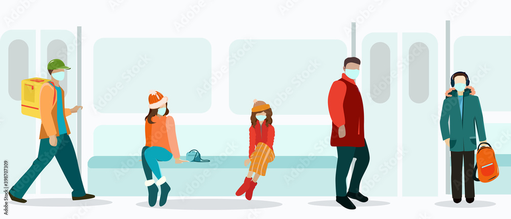 People in masks ride in transport tram or train