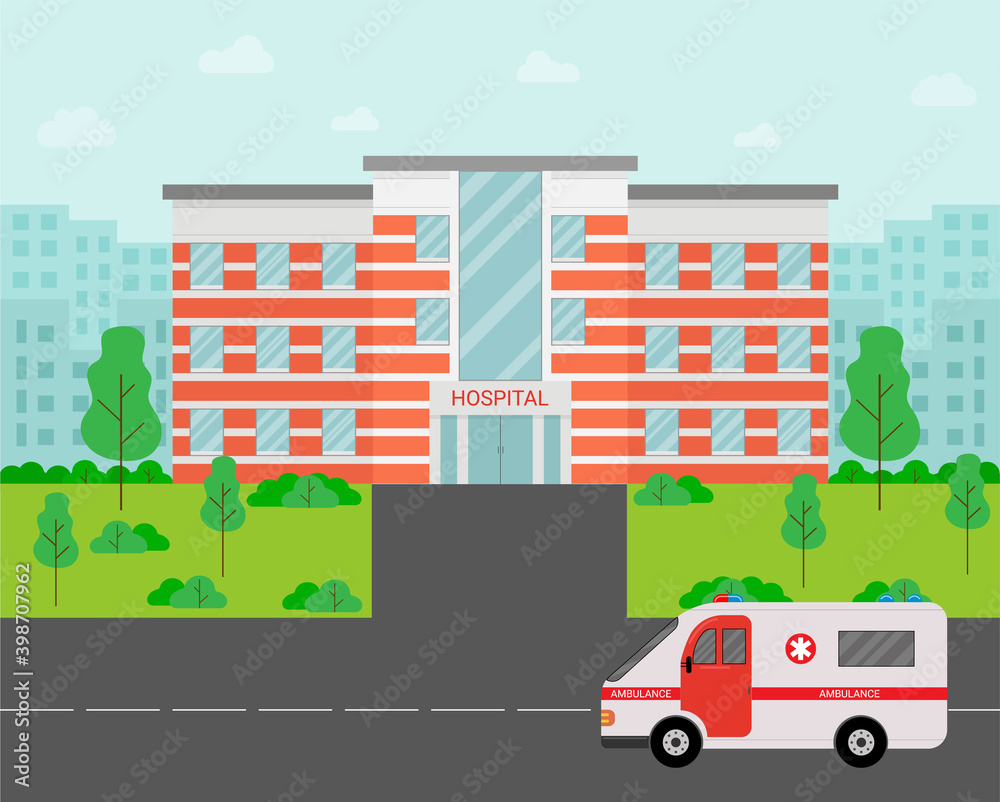 Hospital outside. City hospital building.Vector illustration.
