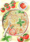 Watercolor spaghetti with sauce, basil and tomatoes, National Spaghetti Day