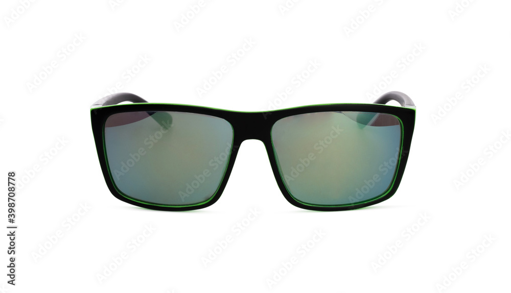 Front view of sunglasses in black frame isolated on white background