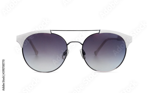 Front view of sunglasses in white frame isolated on white background