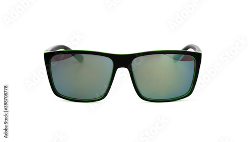 Front view of sunglasses in black frame isolated on white background