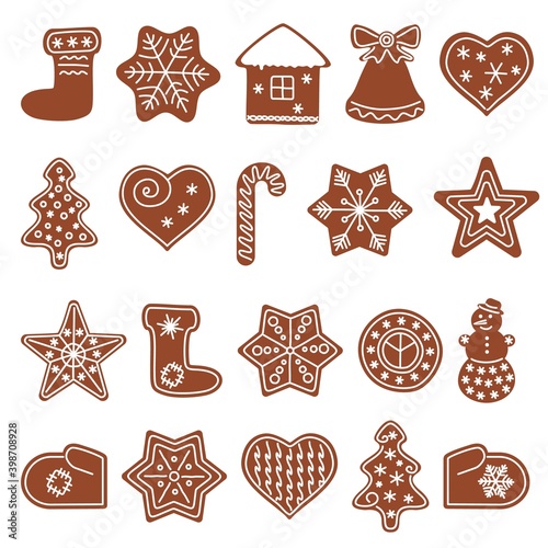Set with gingerbread cookies of different shapes. Christmas holiday cookies. Vector illustration