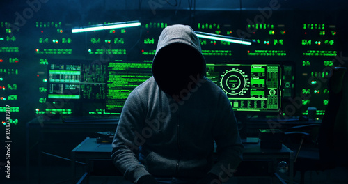 Portrait of  incognito hacker using computer for organizing massive data breach attack on corporate servers. Secret location surrounded by displays, servers and cables. photo