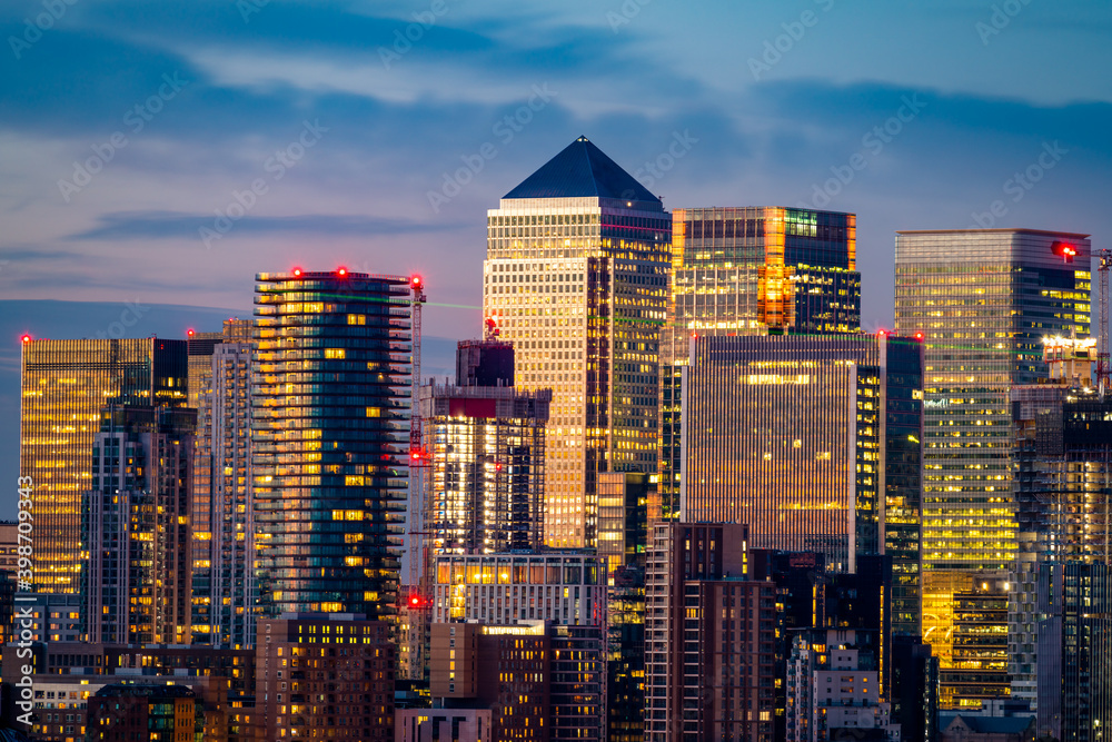 Canary Wharf at dusk in London