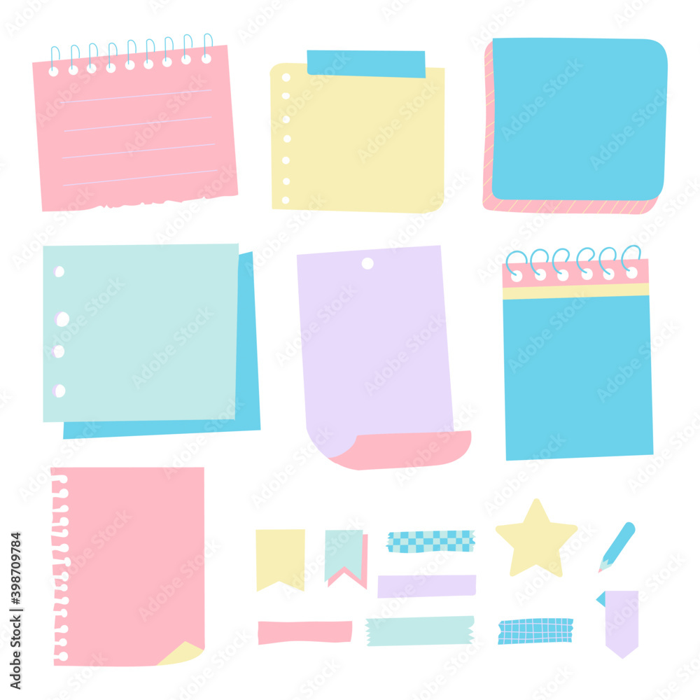 Set of stickers, adhesive colored paper for notes and reminders. Vector illustration Stock
