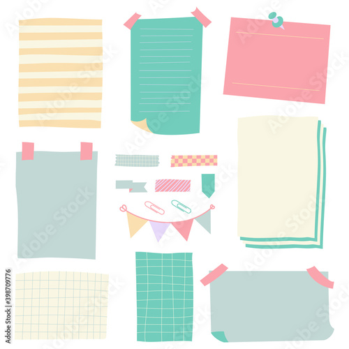 Sticky paper notes. Notepaper sheet, paper memo colorful stickers, sticky business post pin note isolated vector illustration icons set. Sticker reminder, stick blank remember