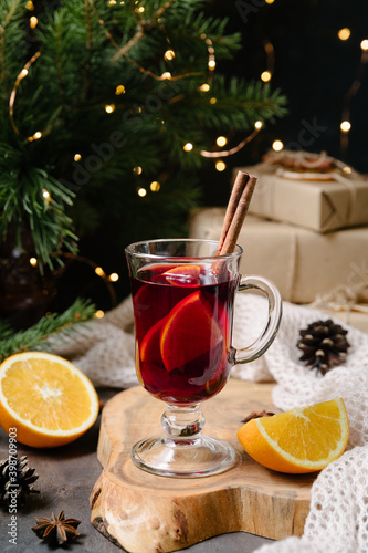 Mulled wine. Traditional christmas, new year and winter drink with red wine, citrus and spices.