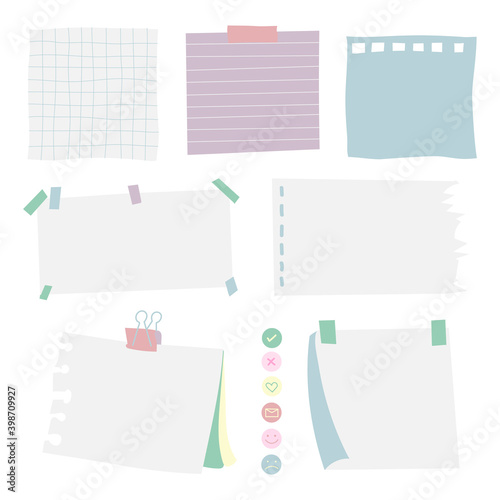 Paper torn page notes. Papers of different size glued to wall with tape. Vector