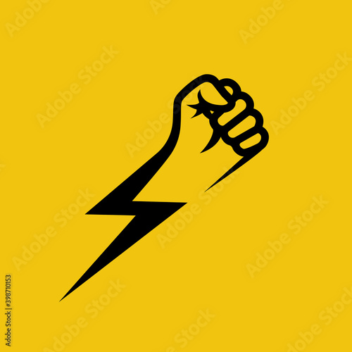 Fist lightning. Symbol protest. Black silhouette of a hand and flash. Vector illustration flat design. Isolated on yellow background. Gesture fist pictogram. Power icon. Symbol of victory and leader.