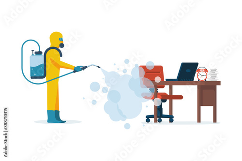 Disinfection of office room. Prevention of covid 2019. Specialist in hazmat suit cleaning disinfecting coronavirus. Vector illustration flat design. Isolated background. Disinfection of the workplace.