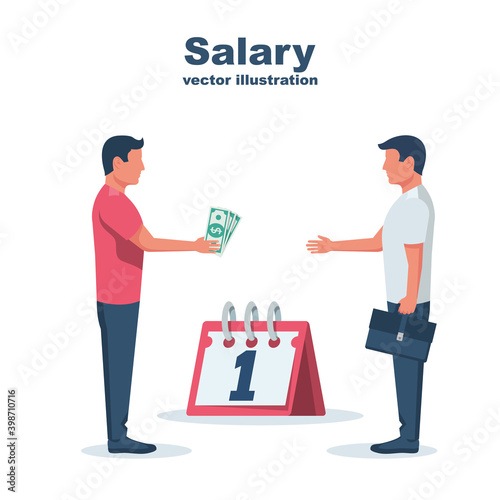 Salary payment. The head pays the employee wages. Payroll concept. Vector illustration flat design. Isolated on white background. The first day of the payday calendar.