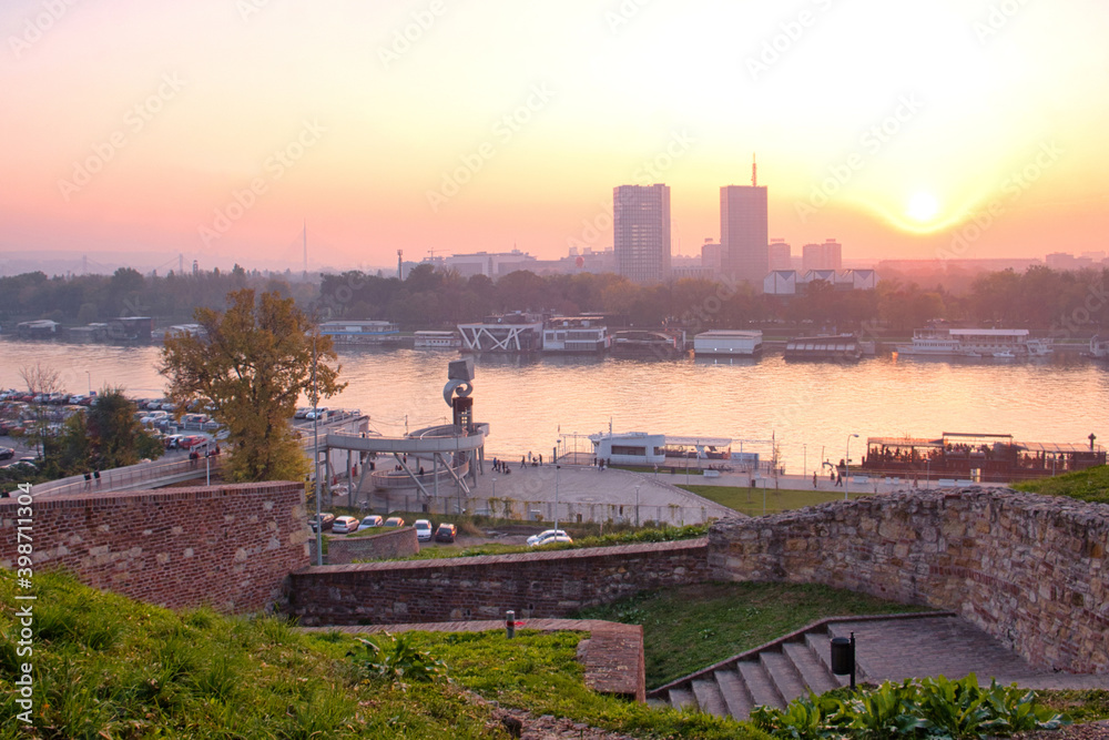 Night cityscape and night city lights of Belgrade, Serbia - Kalemegdan fortress and Belgrade waterfront on Sava river 