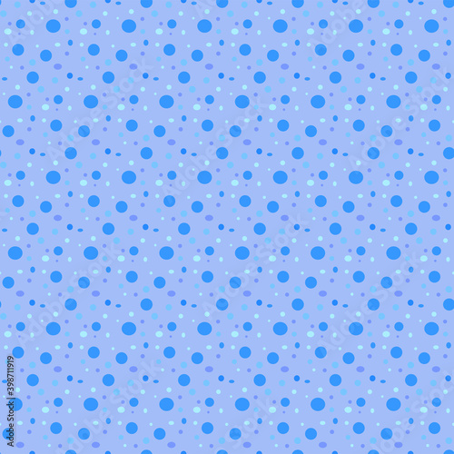 Blue geometric pattern of small and large circles and bubbles. Dark, light blue circles on a light-blue background.