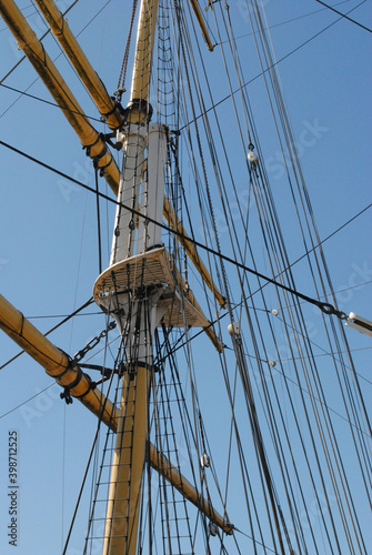 Tall Steel Mast and Ropes on Sailing Ship seen against Blue Sky 