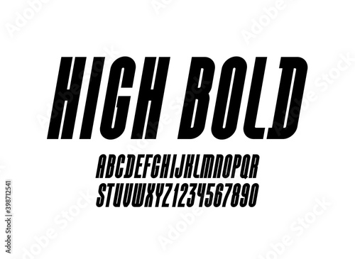 High italic font, condensed tall ultra bold alphabet sans serif, trendy uppercase Latin letters from A to Z and Arab numbers from 0 to 9 for you designs, vector illustration 10EPS