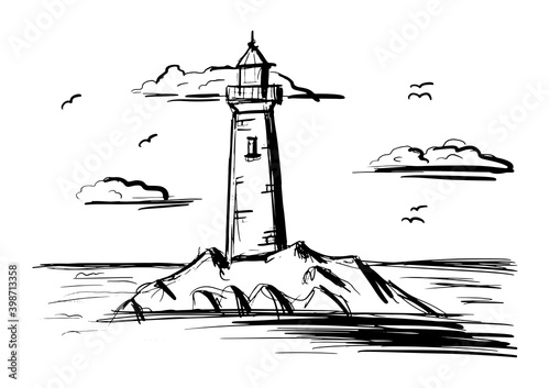 A lighthouse on a rocky shore. Hand drawn sketch. Vintage style. Black and white vector illustration isolated on white background.