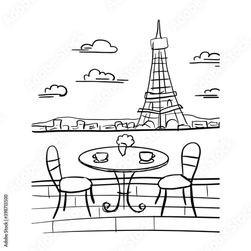 A romantic evening in a cafe on the terrace overlooking Paris. Hand drawn sketch. Vintage style. Black and white vector illustration isolated on white background.