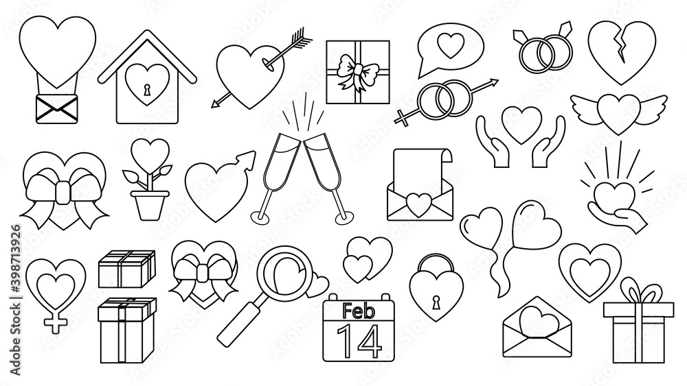 A set of large black and white linear simple icons of beautiful hearts, gifts, envelopes, love items for the feast of love Valentine's Day February 14 or March 8.  illustration