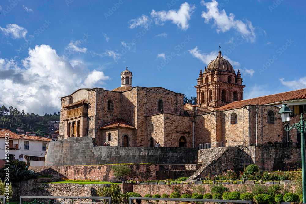 Peru,  in the city center of Cuzco. Coricancha temple of the sun and Santo Domingo Church in Cusco.