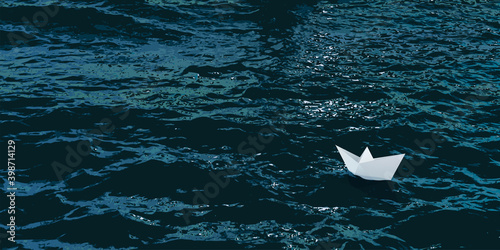 Illustration vectorielle qui symbolise la solitude et la vulnérabilité, en montrant un bateau de papier qui flotte seul sur la mer, au gré du vent.
